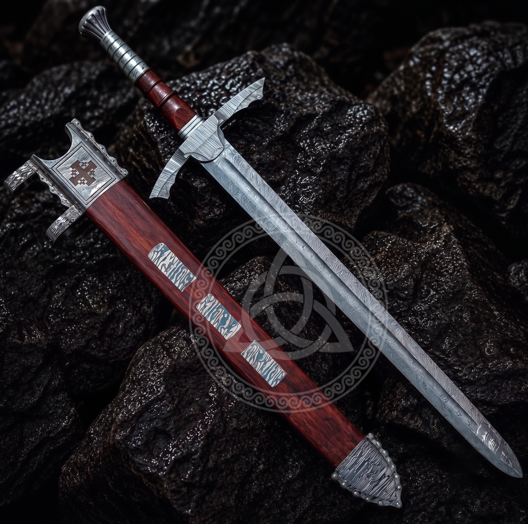 Custom Handmade Damascus Steel Medieval Sword & Scabbard