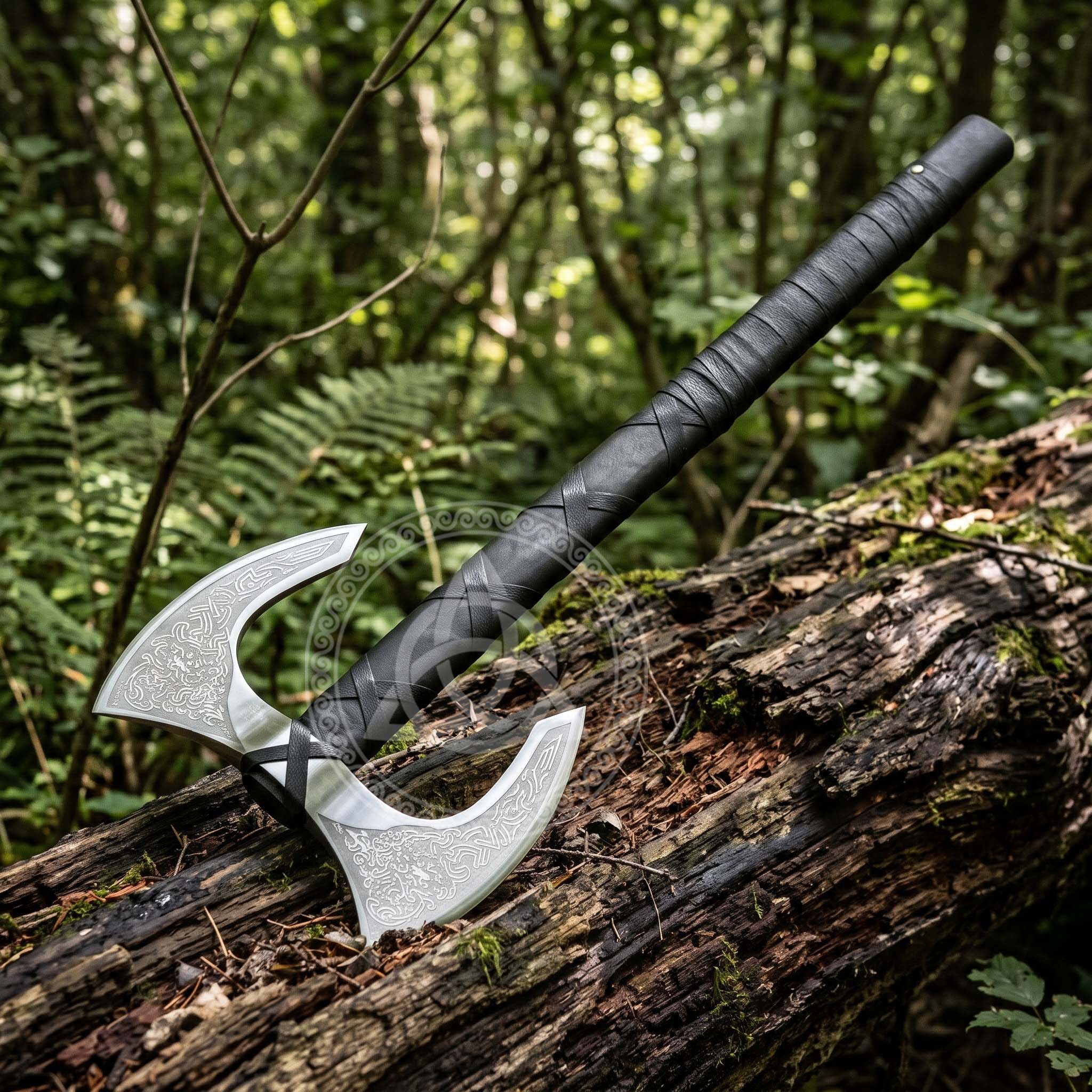 Double Head Viking Axe – Handmade Wooden Handle, Leather Wrapped Grip