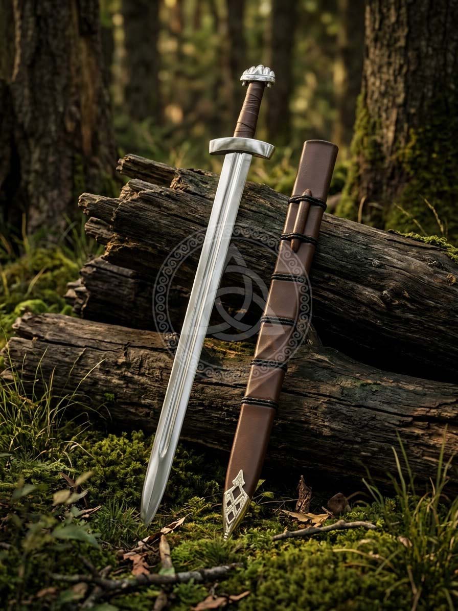Viking Sword with Lobed Pommel & Brown Leather Scabbard | Norse Replica