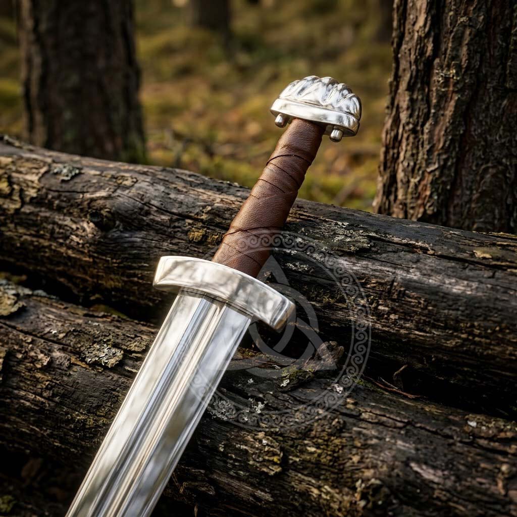 Viking Sword with Lobed Pommel & Brown Leather Scabbard | Norse Replica