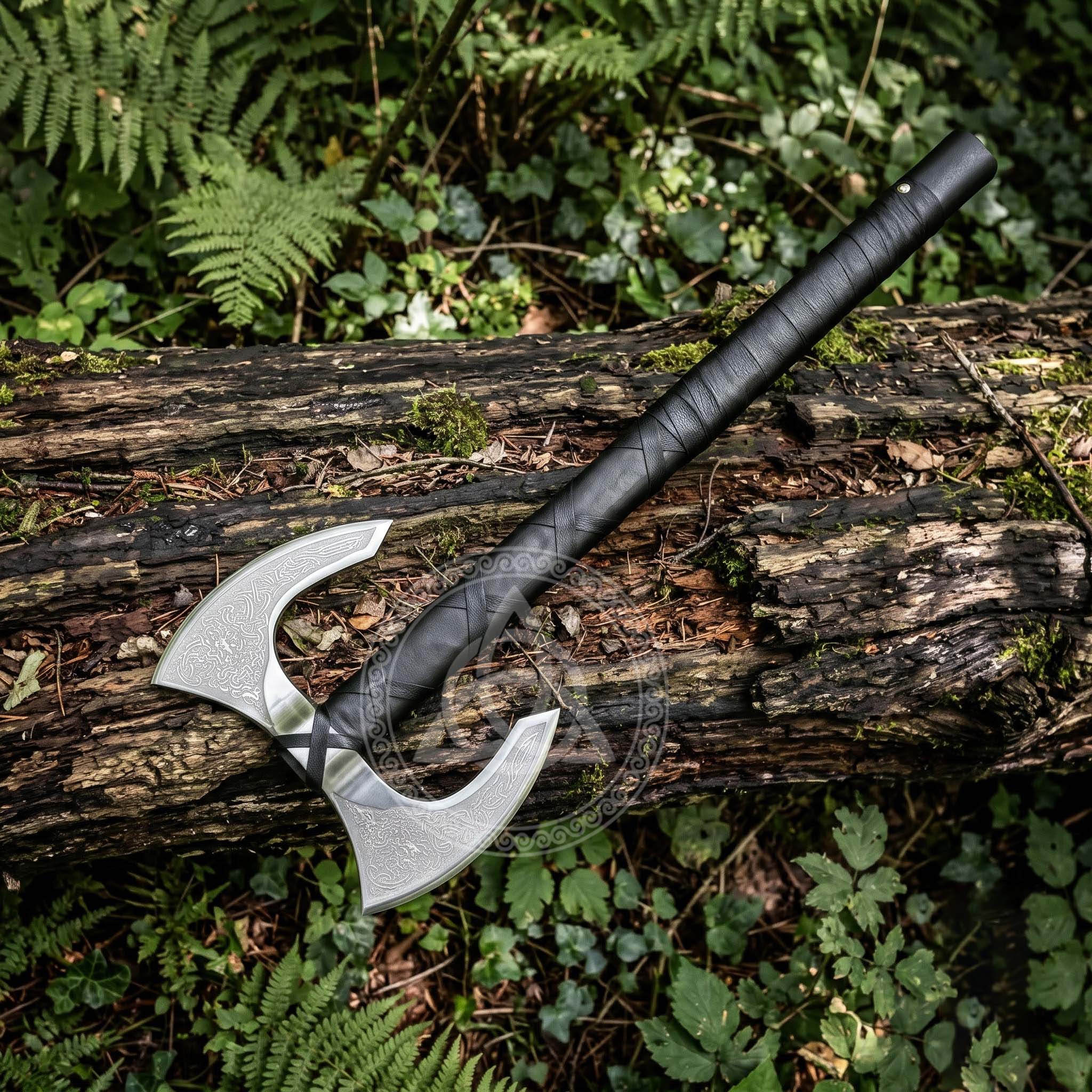 Double Head Viking Axe – Handmade Wooden Handle, Leather Wrapped Grip