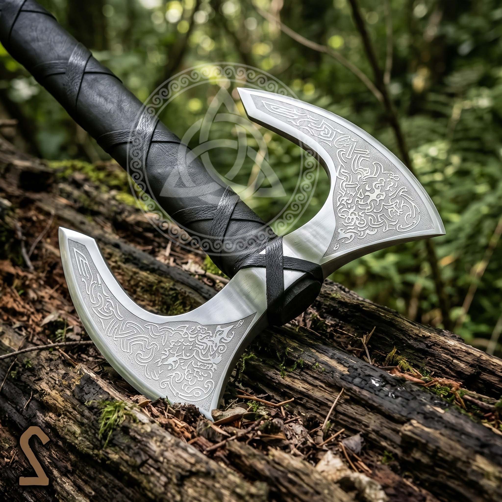 Double Head Viking Axe – Handmade Wooden Handle, Leather Wrapped Grip
