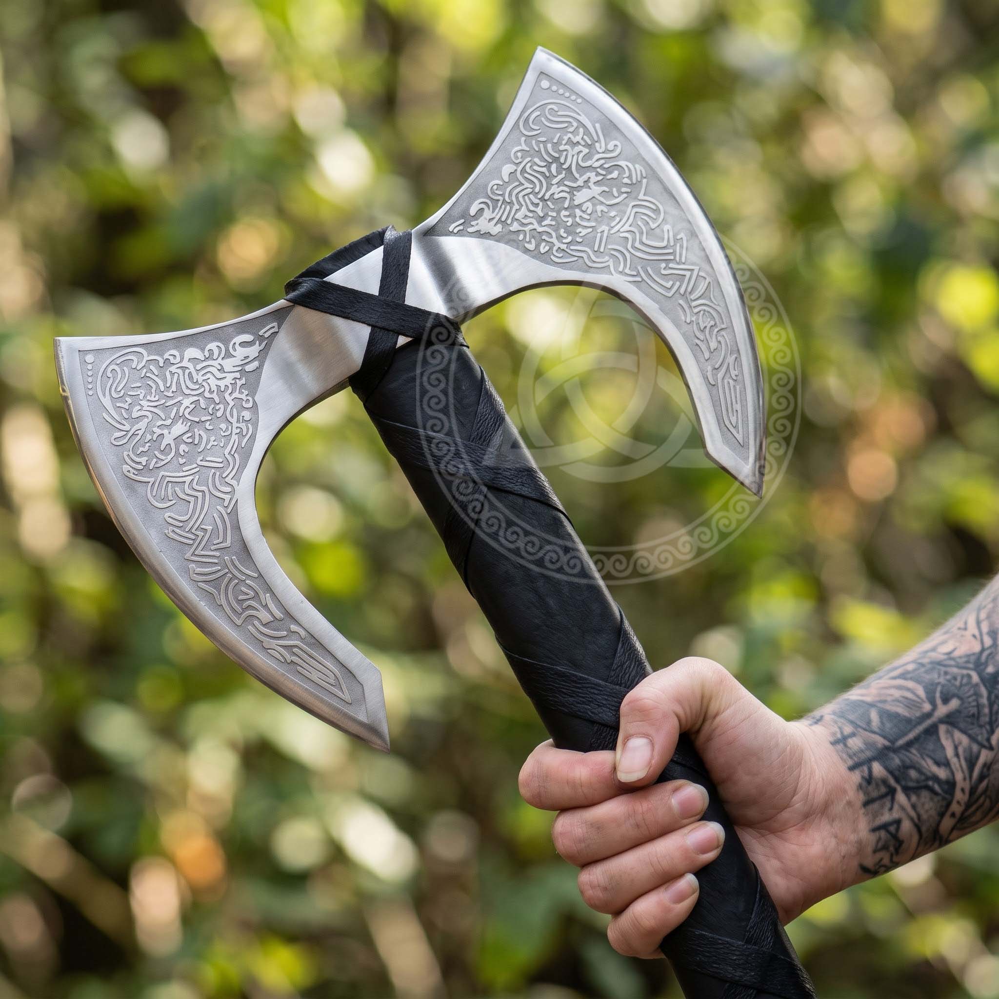 Double Head Viking Axe – Handmade Wooden Handle, Leather Wrapped Grip