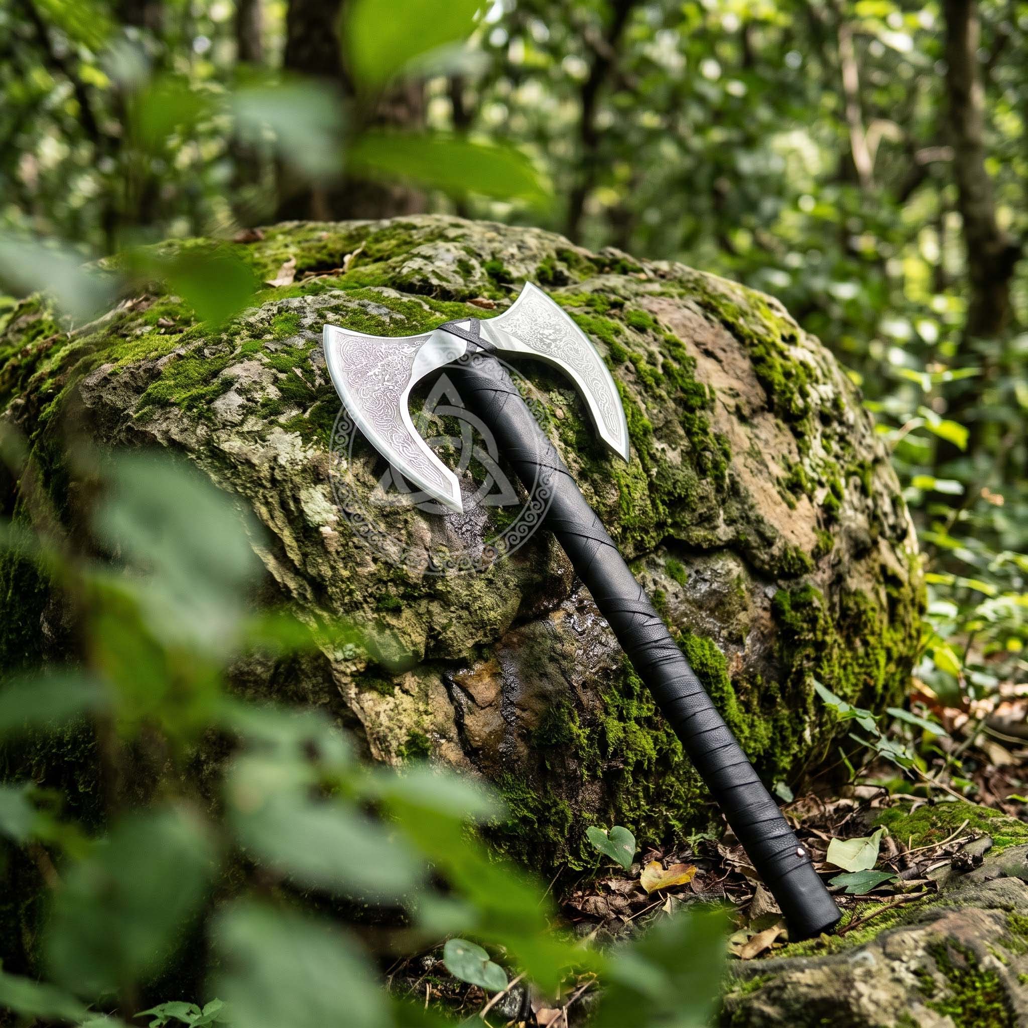 Double Head Viking Axe – Handmade Wooden Handle, Leather Wrapped Grip