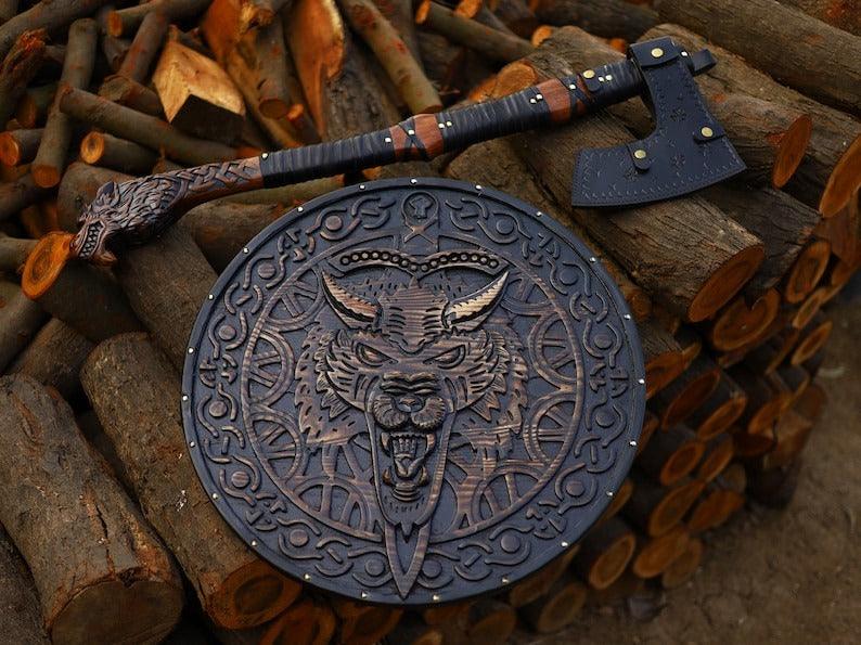 RA-107 Handmade Legendary Norse Wolf head Engraved Axe, With High Quality Made Viking Shield, Decorative Shield, Gift For Him, Gift For Men, Groomsmen Gift - Ragnar Armoury