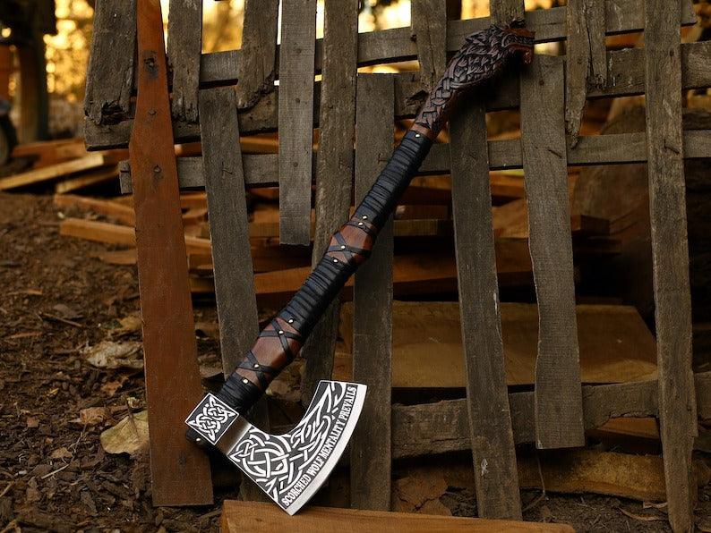 RA-107 Handmade Legendary Norse Wolf head Engraved Axe, With High Quality Made Viking Shield, Decorative Shield, Gift For Him, Gift For Men, Groomsmen Gift - Ragnar Armoury