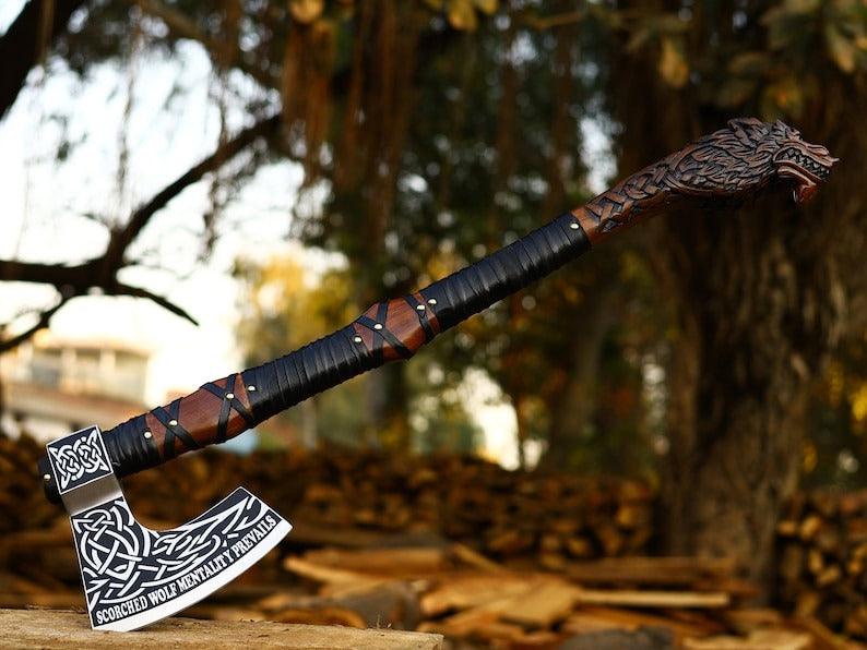 RA-107 Handmade Legendary Norse Wolf head Engraved Axe, With High Quality Made Viking Shield, Decorative Shield, Gift For Him, Gift For Men, Groomsmen Gift - Ragnar Armoury