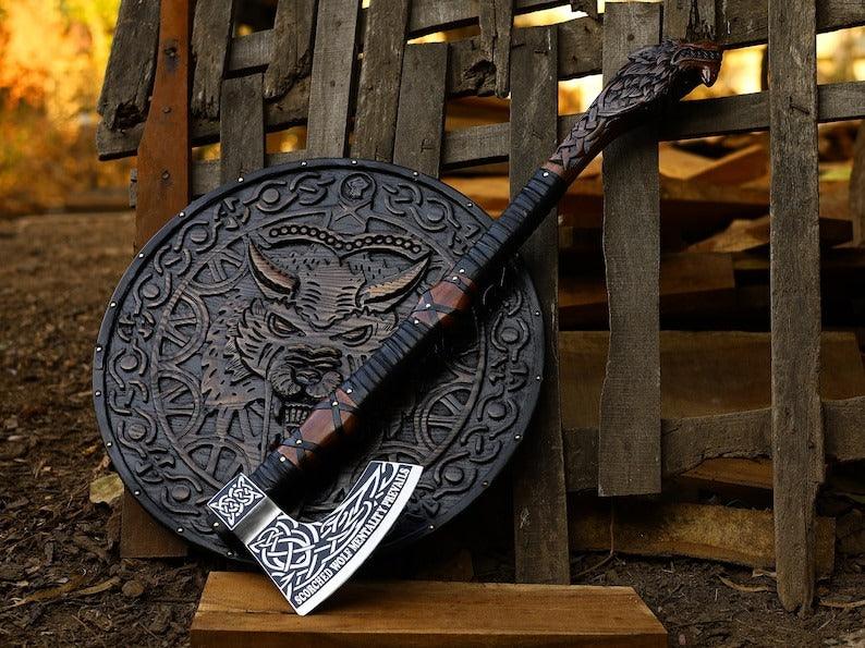 RA-107 Handmade Legendary Norse Wolf head Engraved Axe, With High Quality Made Viking Shield, Decorative Shield, Gift For Him, Gift For Men, Groomsmen Gift - Ragnar Armoury