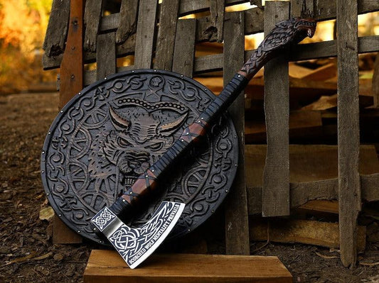 RA-107 Handmade Legendary Norse Wolf head Engraved Axe, With High Quality Made Viking Shield, Decorative Shield, Gift For Him, Gift For Men, Groomsmen Gift - Ragnar Armoury