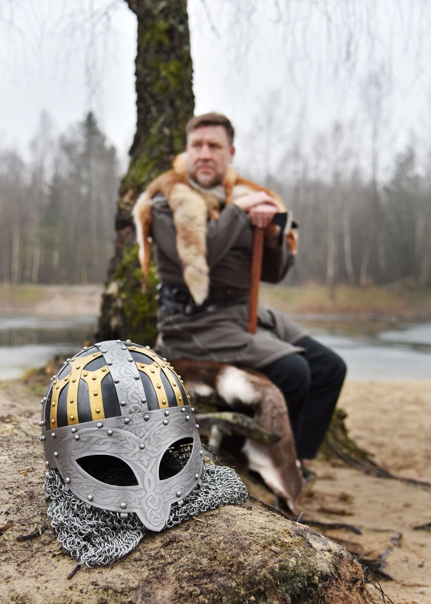 Handmade Full-Face Viking Helmet with Chainmail Aventail