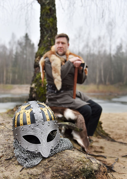 Handmade Full-Face Viking Helmet with Chainmail Aventail