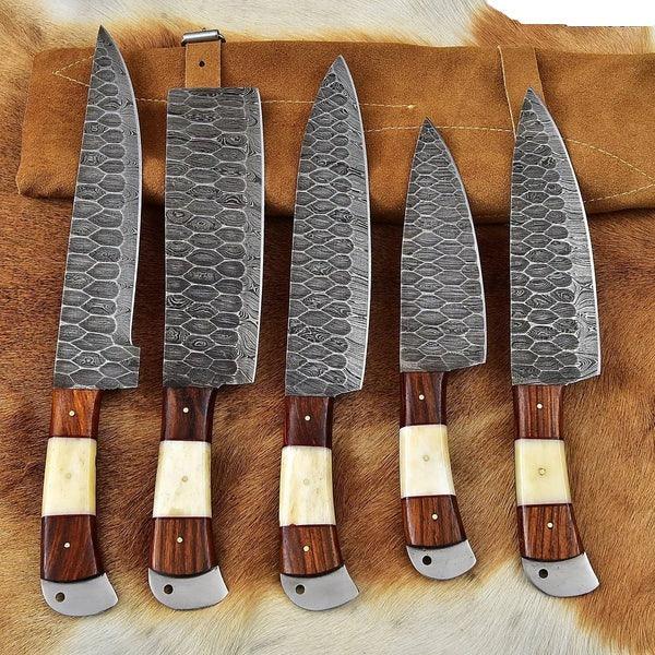 Handmade Damascus Kitchen Knife Chef's Knife Set With Forging Mark Blades And Leather Roll - gift for him, pro chef, veg hot mincer 5pcs chef