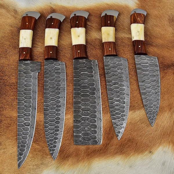 RA-73 Custom Handmade Damascus Steel Chef Set, 5Pcs Chef Set, Custom made Chef Knife, Damascus Kitchen Knives, Kitchen cutlery set, Gift for Her, Gift For Him, Gift For Girlfriend, Gift For Chef, Mothers Day Gift, Christmas Gift - Ragnar Armoury