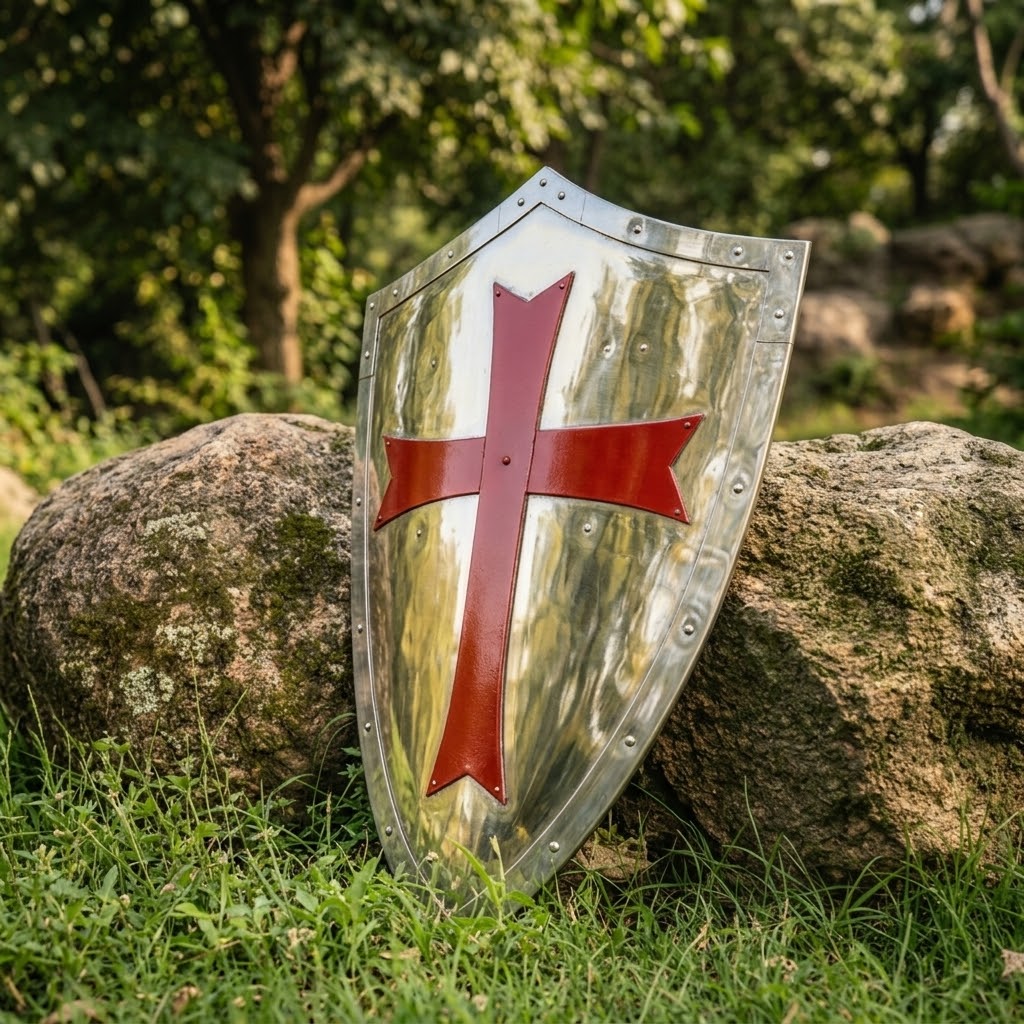 Crusader Shield with Red Cross Pattée – Polished Steel Heater Shield, Reenactment & Display