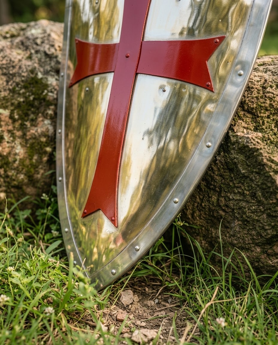 Crusader Shield with Red Cross Pattée – Polished Steel Heater Shield, Reenactment & Display
