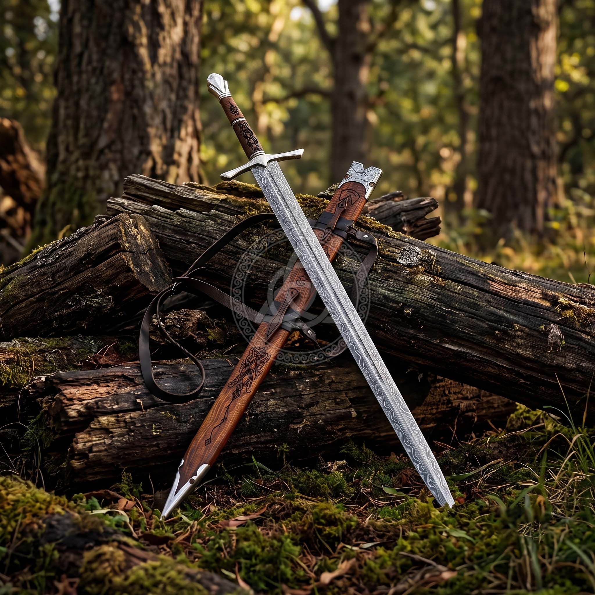 40" Damascus Steel Emerald Longsword with Scabbard