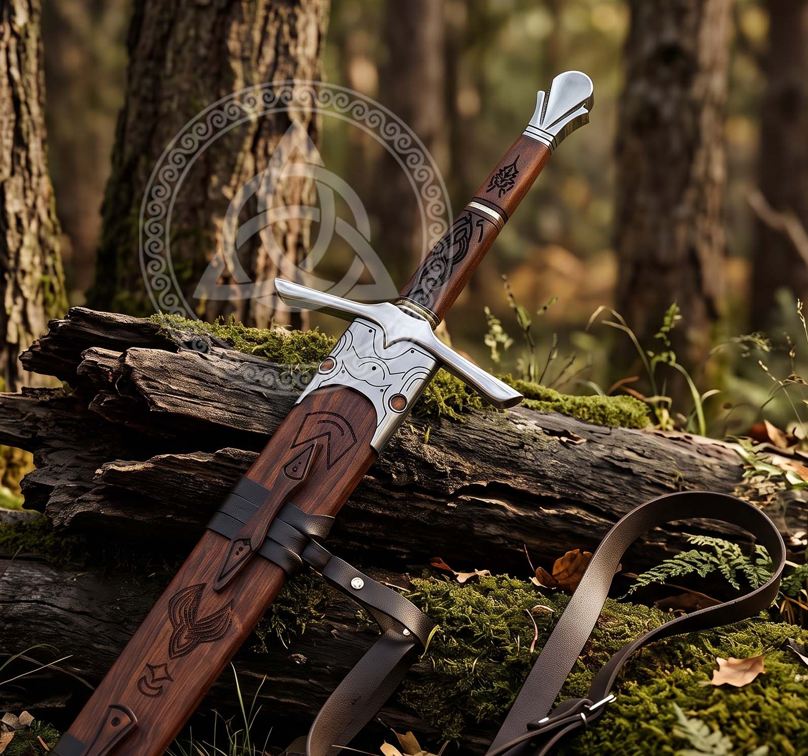 40" Damascus Steel Emerald Longsword with Scabbard