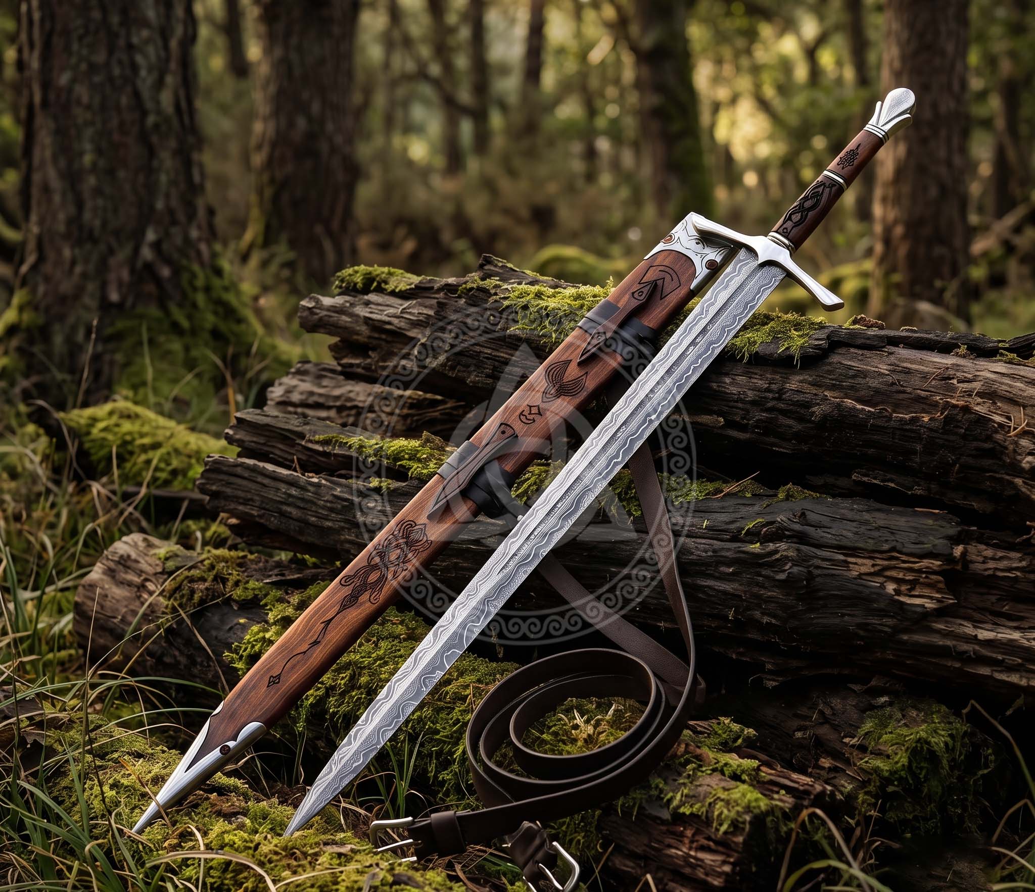 40" Damascus Steel Emerald Longsword with Scabbard