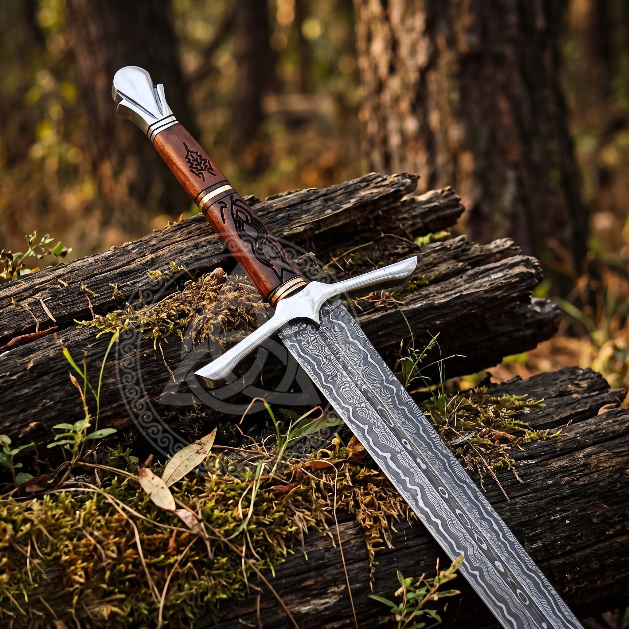 40" Damascus Steel Emerald Longsword with Scabbard