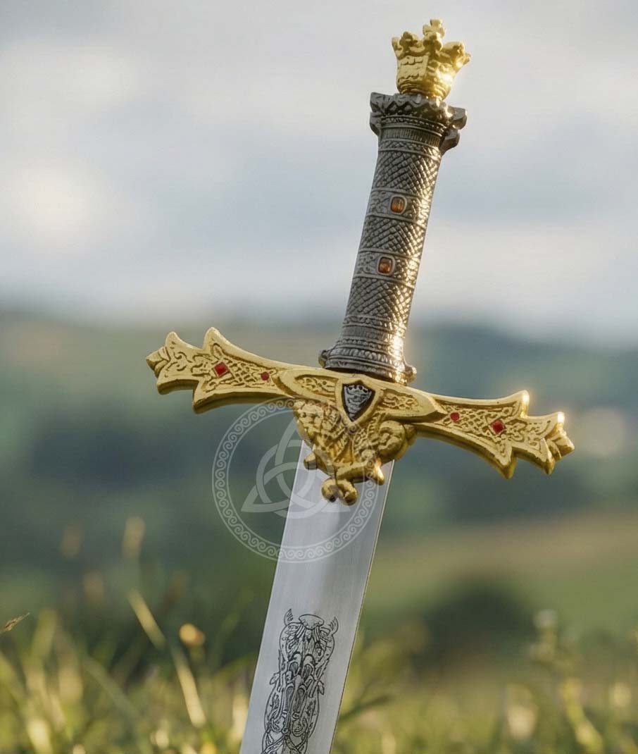 Handmade King Arthur Excalibur Sword Crown Head with Sheath