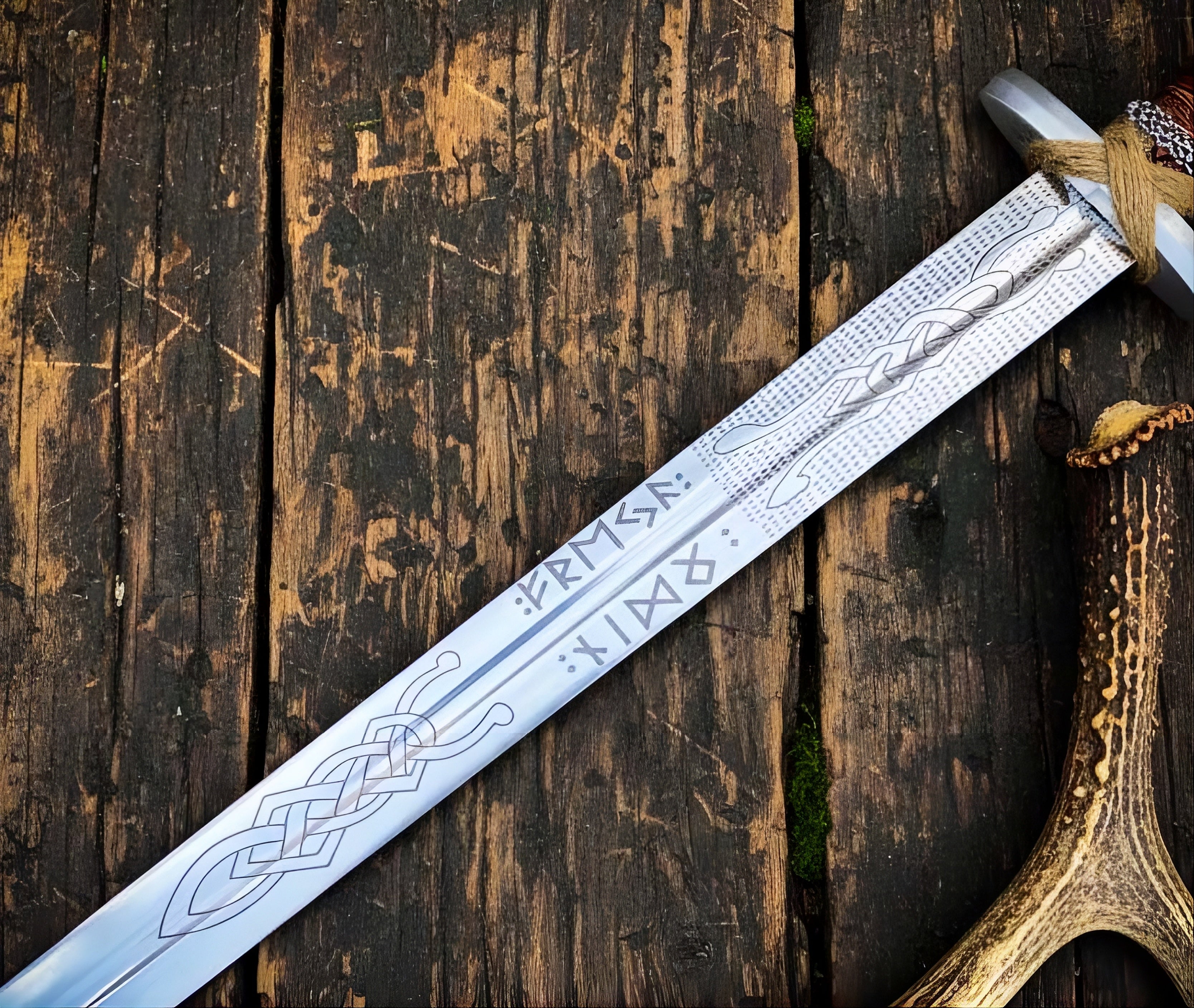 Custom Viking Sword | Hand Forged Norse Runes Blade & Wooden Scabbard