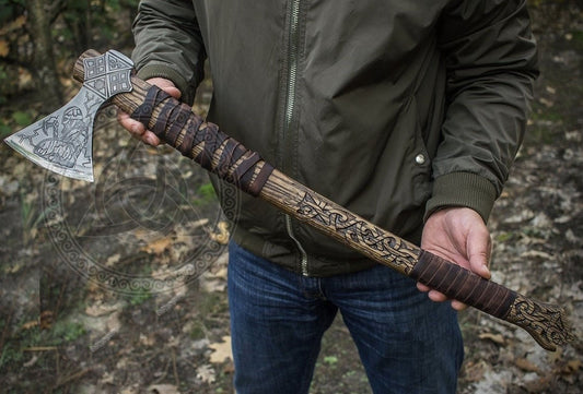 Hand-Forged Mammen Viking Axe With Wooden Box | Fenrir Carved Handle | Scandinavian Style Battle Axe | PR-01