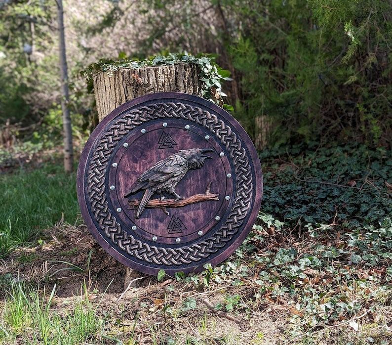 Premium Carved Odin Raven Viking Shield | Stunning Nordic-Style Round Viking Shield | PR-04