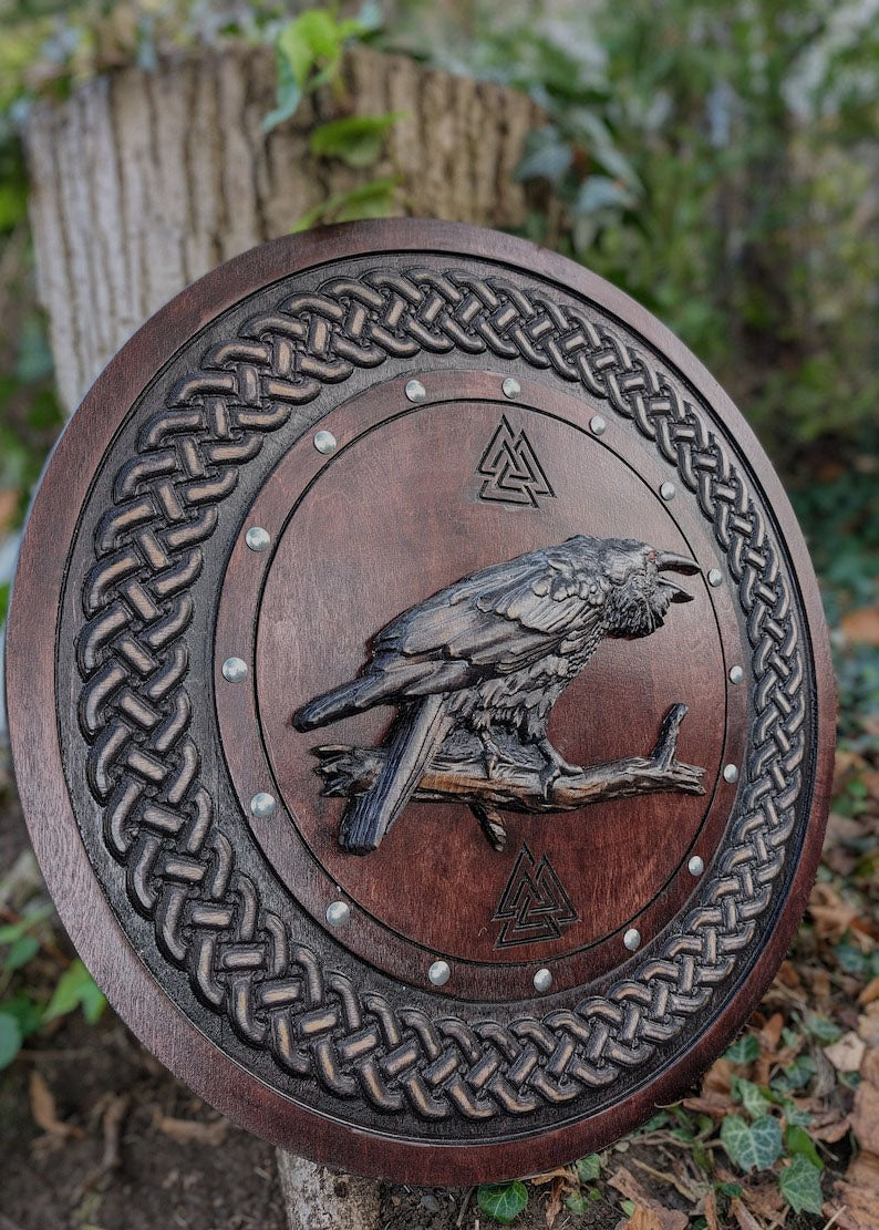 Premium Carved Odin Raven Viking Shield | Stunning Nordic-Style Round Viking Shield | PR-04