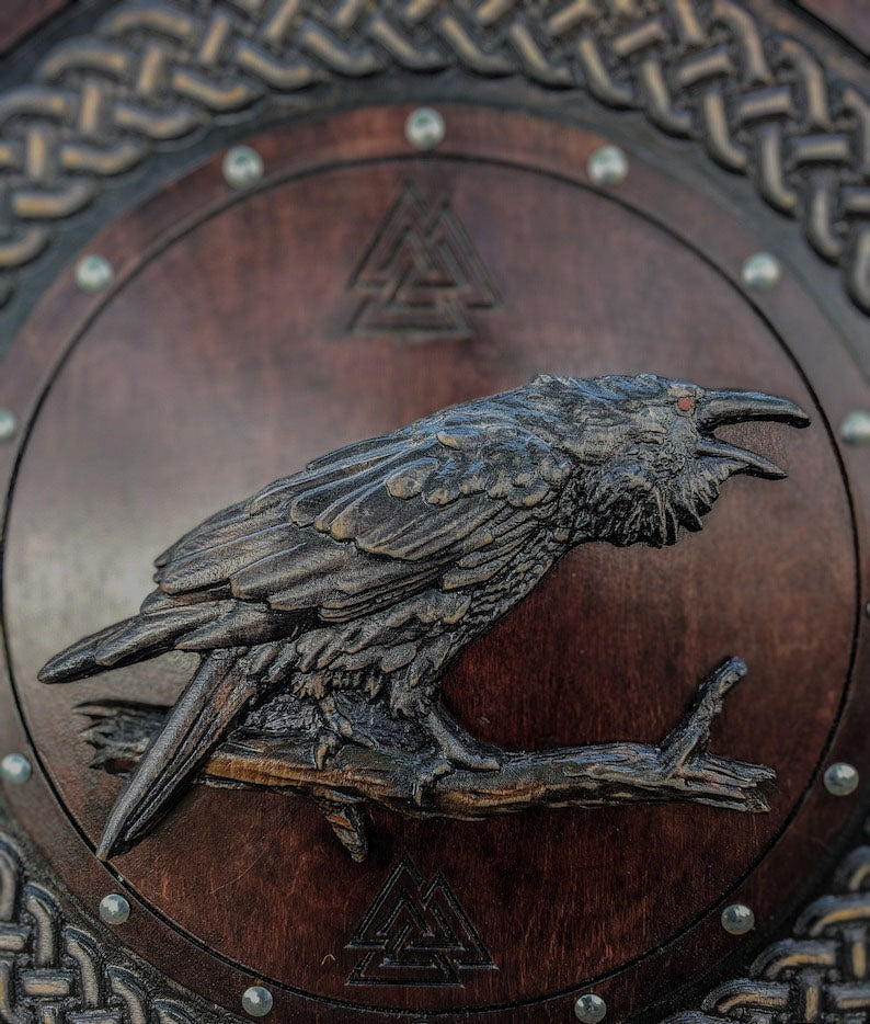 Premium Carved Odin Raven Viking Shield | Stunning Nordic-Style Round Viking Shield | PR-04