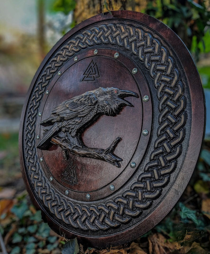 Premium Carved Odin Raven Viking Shield | Stunning Nordic-Style Round Viking Shield | PR-04