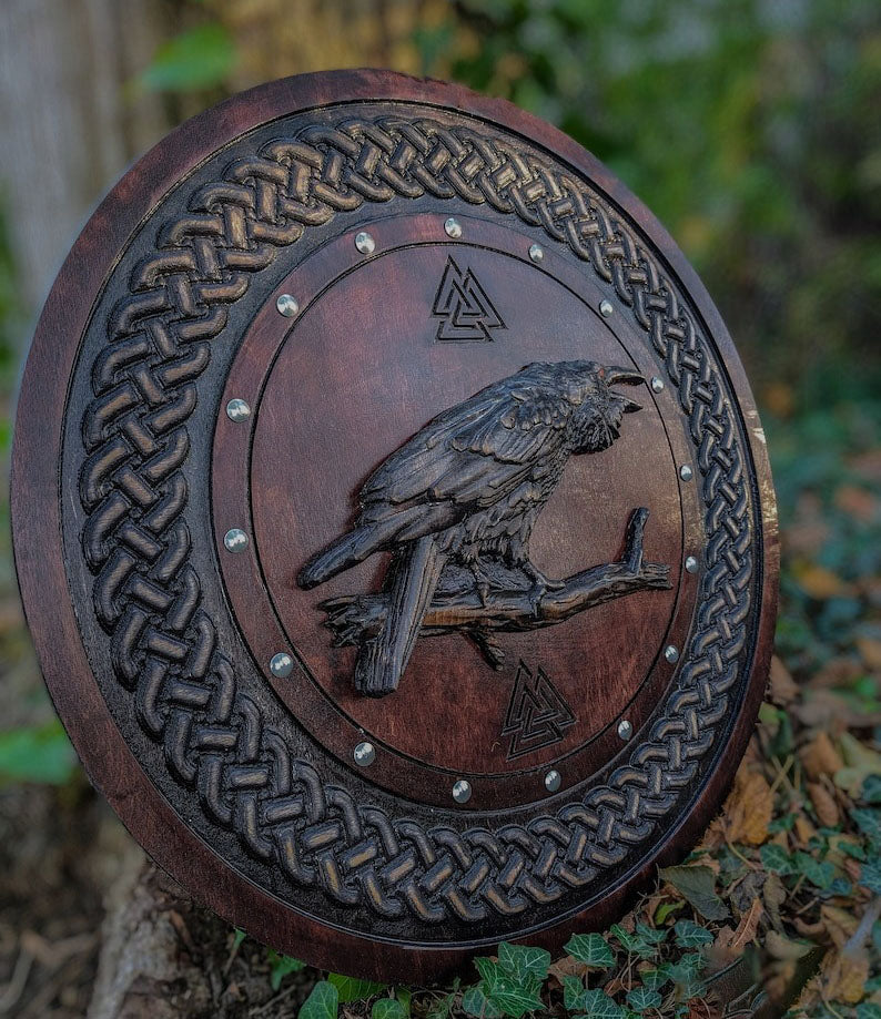Premium Carved Odin Raven Viking Shield | Stunning Nordic-Style Round Viking Shield | PR-04