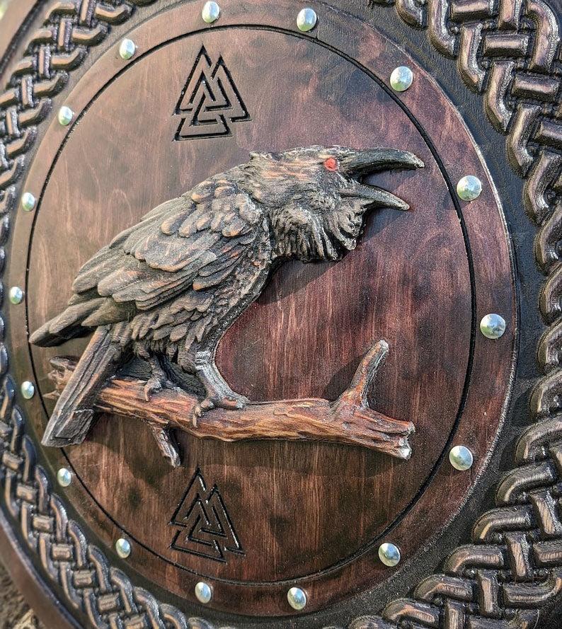 Premium Carved Odin Raven Viking Shield | Stunning Nordic-Style Round Viking Shield | PR-04