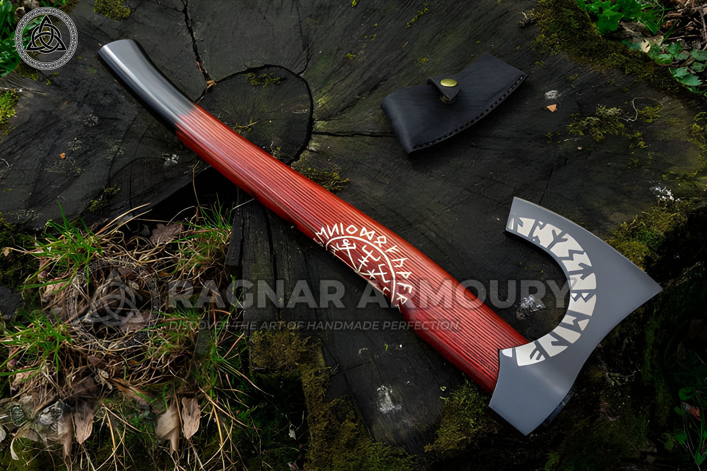 RA-253 The vegvísir Symbol Red and Black Shade Handle Viking Axe, Hand Forged Nordic Style Viking Axe, Gift For Men, Anniversary Gift, Halloween Gift, Christmas Gift - Ragnar Armoury