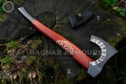 RA-253 The vegvísir Symbol Red and Black Shade Handle Viking Axe, Hand Forged Nordic Style Viking Axe, Gift For Men, Anniversary Gift, Halloween Gift, Christmas Gift - Ragnar Armoury