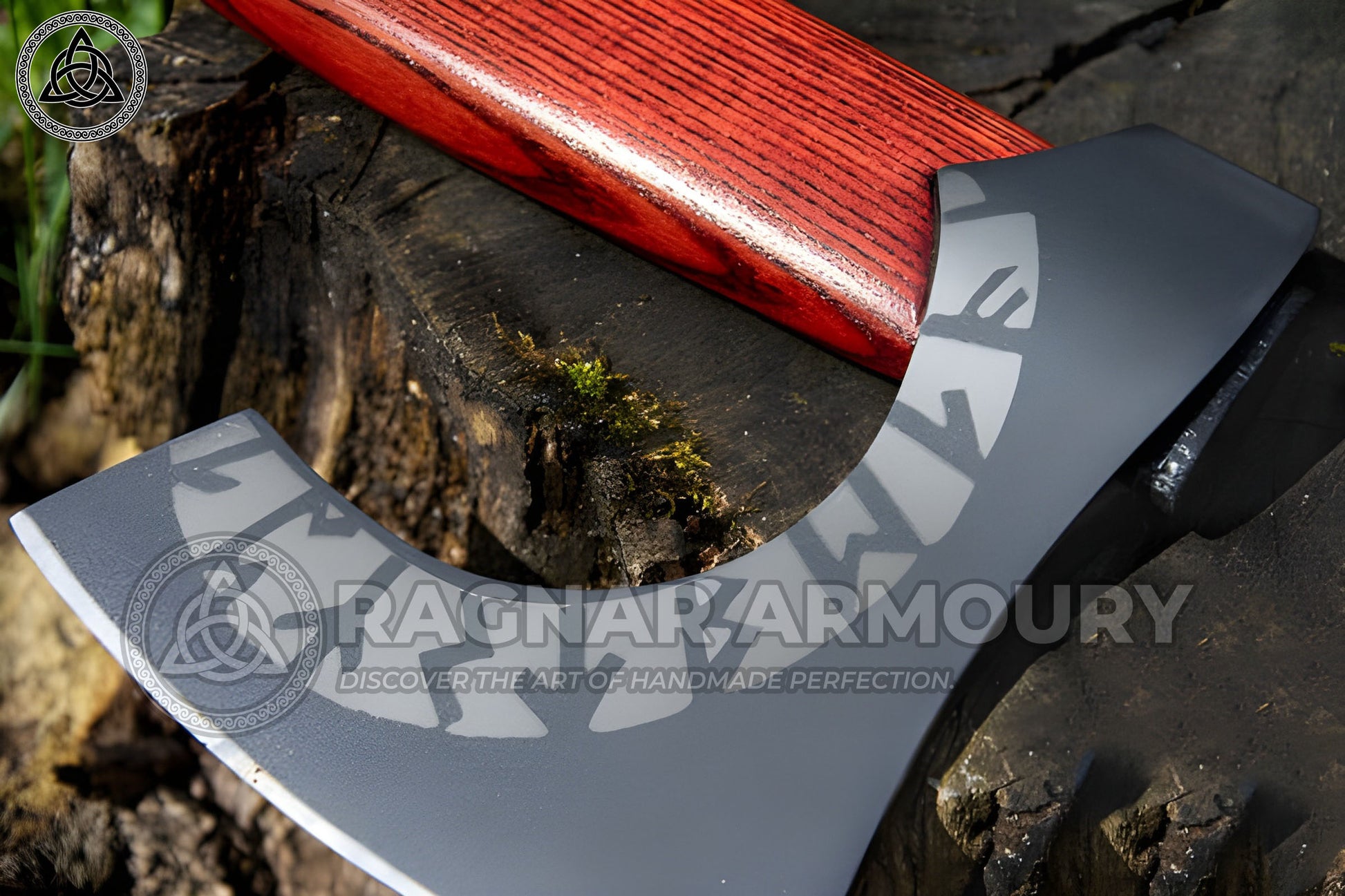 RA-253 The vegvísir Symbol Red and Black Shade Handle Viking Axe, Hand Forged Nordic Style Viking Axe, Gift For Men, Anniversary Gift, Halloween Gift, Christmas Gift - Ragnar Armoury