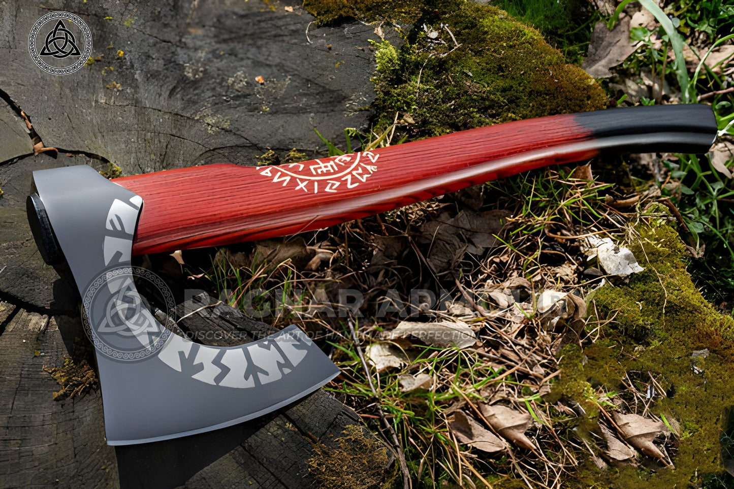 RA-253 The vegvísir Symbol Red and Black Shade Handle Viking Axe, Hand Forged Nordic Style Viking Axe, Gift For Men, Anniversary Gift, Halloween Gift, Christmas Gift - Ragnar Armoury