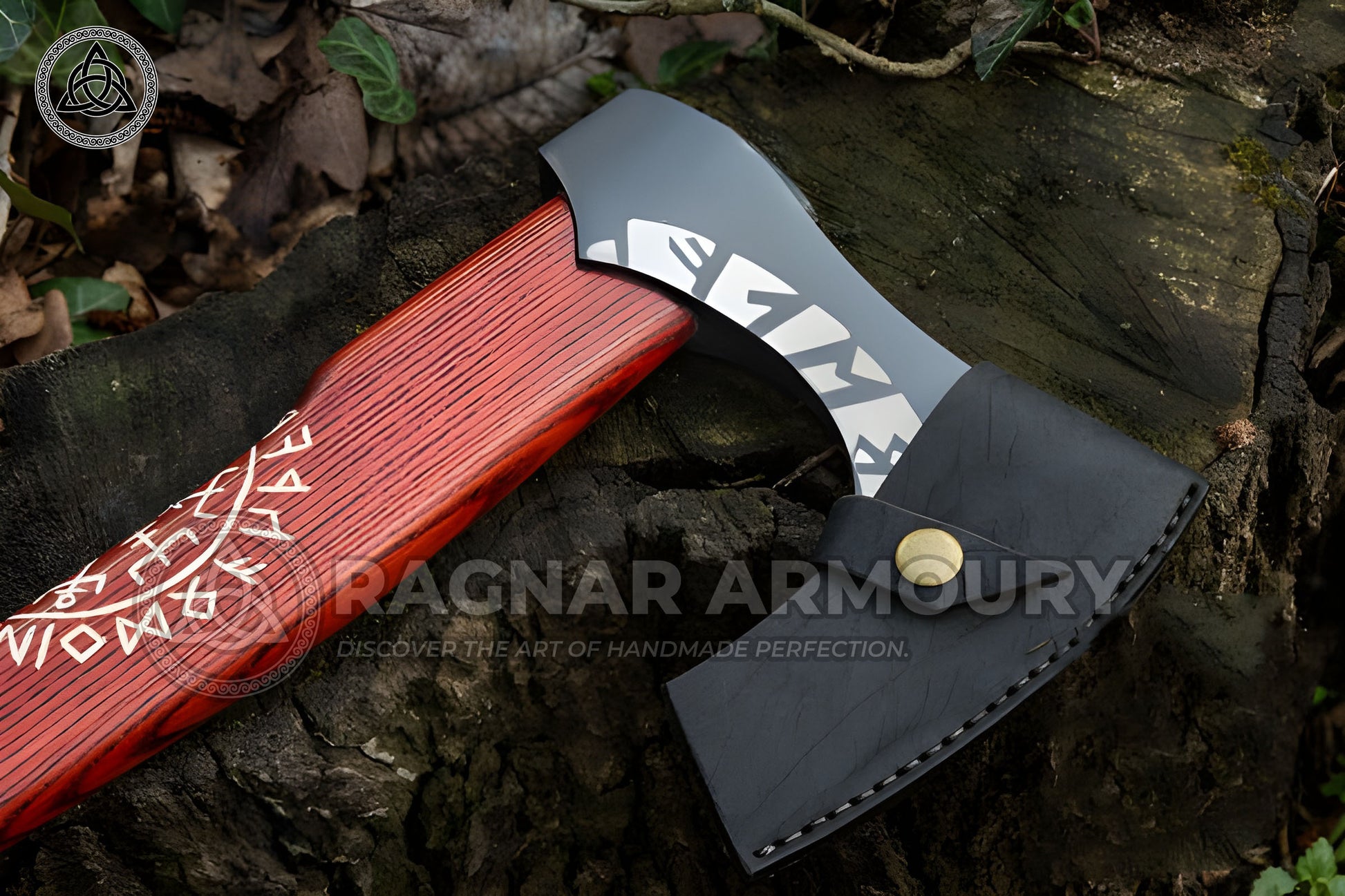 RA-253 The vegvísir Symbol Red and Black Shade Handle Viking Axe, Hand Forged Nordic Style Viking Axe, Gift For Men, Anniversary Gift, Halloween Gift, Christmas Gift - Ragnar Armoury