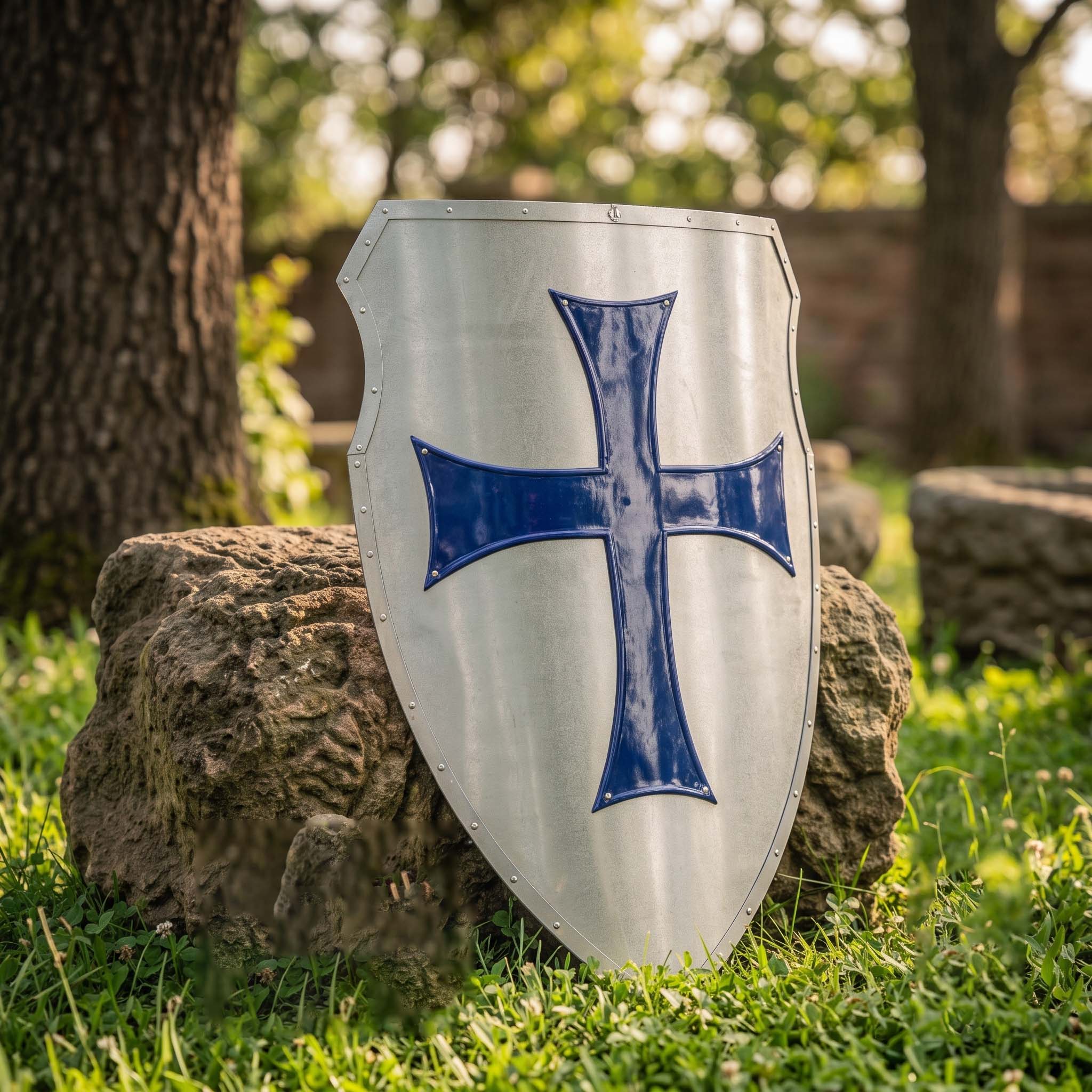 Blue Cross Crusader Shield – Handmade Medieval Steel Shield, Reenactment & Display