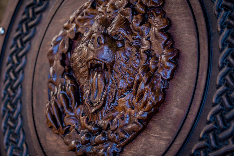 RA-199 Hand Craved Bear Head Viking Shield, Viking Battle Shield, Wall Decor Shield, Gift For Men, Christmas Gift - Ragnar Armoury