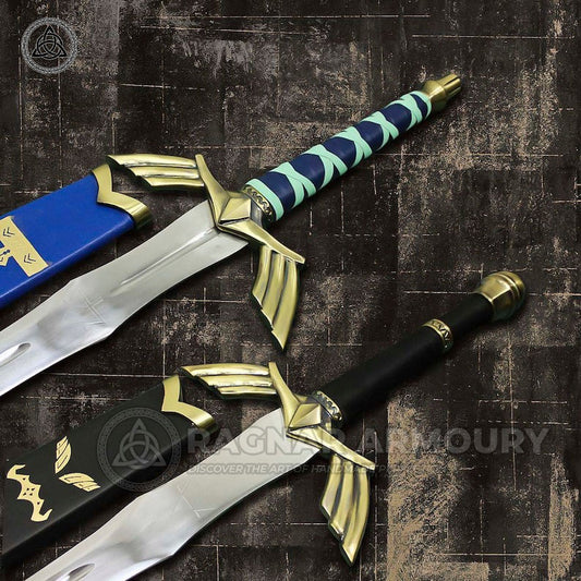 RA-224 The Legend Of Zelda Master Skyward Pair Sword, Black and Gold Sword, Sky-blue and Gold Sword, 2 Paired Swords, Gift For Men, Gift For Husband, Wall Hanging Sword, Wedding Gift, Halloween Gift