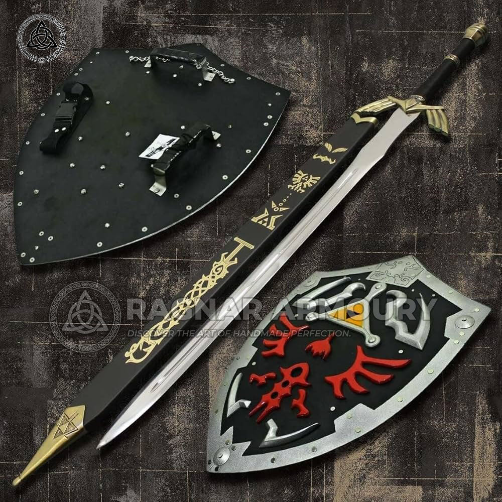 RA-223 Hand Forged Legend Of Zelda Master Skyward Sword With Steel Shield Black and Gold, Custom Hand-Forged Stainless Steel Sword, Wall Hanging Sword With Shield, Wall Decor Sword and Shield, Christmas Gift, Xmas Gift, Halloween Gift - Ragnar Armoury