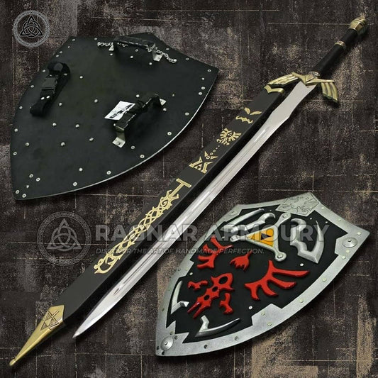 RA-223 Hand Forged Legend Of Zelda Master Skyward Sword With Steel Shield Black and Gold, Custom Hand-Forged Stainless Steel Sword, Wall Hanging Sword With Shield, Wall Decor Sword and Shield, Christmas Gift, Xmas Gift, Halloween Gift - Ragnar Armoury