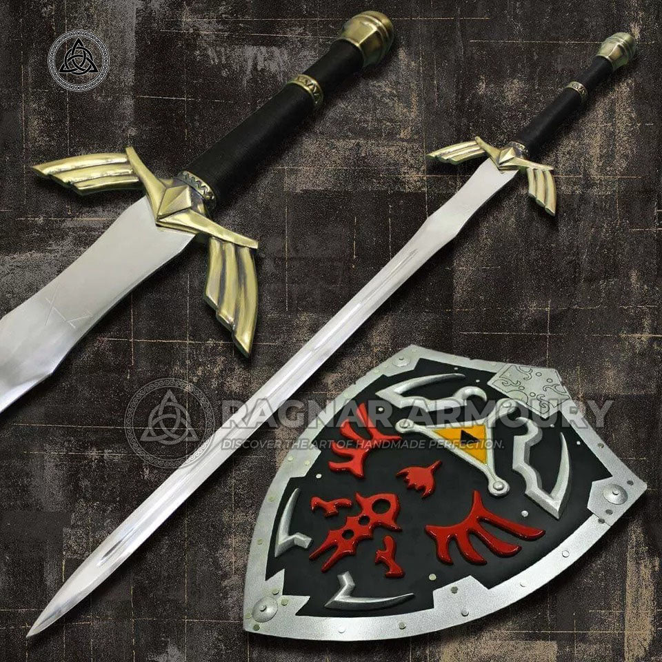 RA-223 Hand Forged Legend Of Zelda Master Skyward Sword With Steel Shield Black and Gold, Custom Hand-Forged Stainless Steel Sword, Wall Hanging Sword With Shield, Wall Decor Sword and Shield, Christmas Gift, Xmas Gift, Halloween Gift - Ragnar Armoury