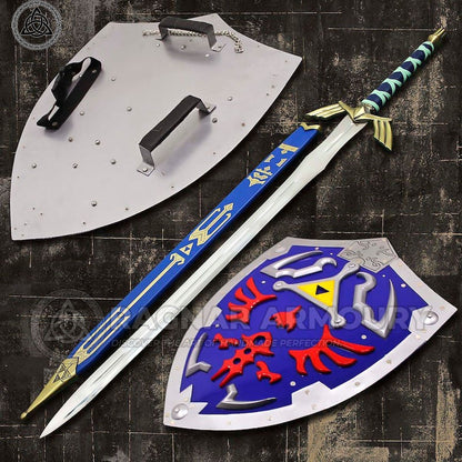 RA-222 Hand Forged Legend Of Zelda Master Skyward Sword With Steel Shield, Custom Hand-Forged Stainless Steel Sword, Wall Hanging Sword With Shield, Wall Decor Sword and Shield, Christmas Gift, Xmas Gift, Halloween Gift - Ragnar Armoury