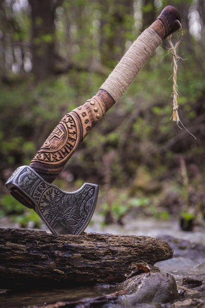 RA-262 Hand-Forged Thor Handle Craved Viking Axe, Viking Runes Axe, Odin With Helm Of Awe Axe, Gift For Men, Christmas Gift - Ragnar Armoury