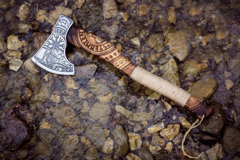 RA-262 Hand-Forged Thor Handle Craved Viking Axe, Viking Runes Axe, Odin With Helm Of Awe Axe, Gift For Men, Christmas Gift - Ragnar Armoury