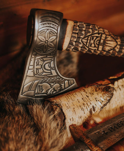 RA-261 Odin Handle Craved Viking Axe, Premium Style Viking Axe, Forged Axe, Valhalla Gift, Halloween Gift, Xmas Gift, Christmas Gift - Ragnar Armoury