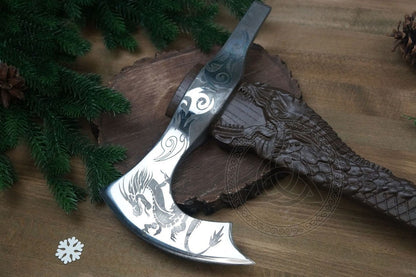 Hand-Forged Dragon Head Viking Axe With Wooden Box | Scandinavian Viking Axe with Dragon Carved Handle | PR-03