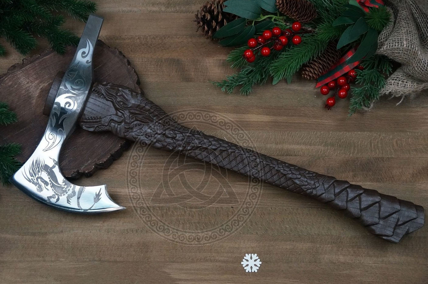 Hand-Forged Dragon Head Viking Axe With Wooden Box | Scandinavian Viking Axe with Dragon Carved Handle | PR-03