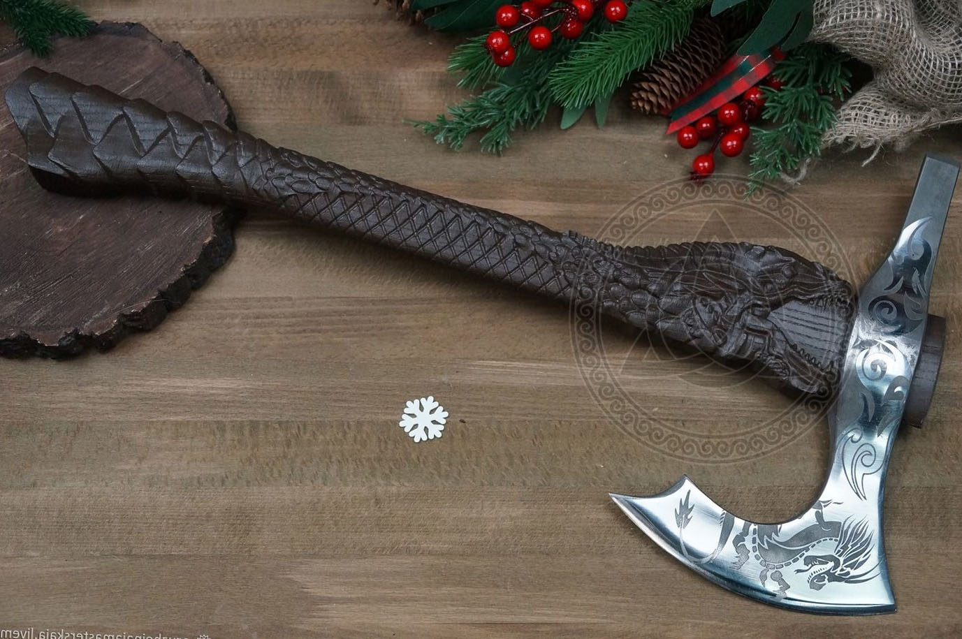 Hand-Forged Dragon Head Viking Axe With Wooden Box | Scandinavian Viking Axe with Dragon Carved Handle | PR-03